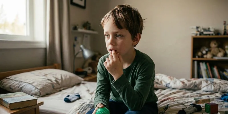 Niño mordiéndose las uñas en su habitación reflejando causas emocionales del hábito