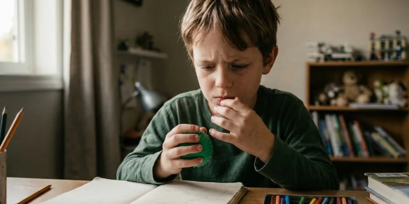 Niño intentando dejar de morderse las uñas usando un objeto antiestrés en su habitación